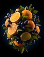 Fresh citrus fruits and blueberries arranged with green leaves and herbs against dark background, creating vibrant food composition.
