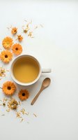 Overhead view of chamomile tea in white ceramic cup with fresh and dried daisy flowers and wooden spoon on white background, ideal for wellness and herbal beverage designs.