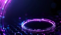 Glowing neon ring with purple and blue light effects on dark background, digital circuit pattern and bokeh elements create futuristic technology atmosphere.
