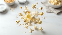 Popcorn kernels exploding and flying through air with bowls and scattered pieces on white wooden background for snack food advertising.