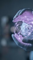 Hands holding glowing digital globe with network connections and light nodes, representing global communication, technology, data transfer, and worldwide connectivity for business solutions.