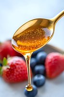 Golden honey dripping from spoon with air bubbles, fresh strawberries and blueberries in background, macro food photography on light surface.