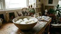 Wicker bowl filled with white flowers floating in water on wooden table in bright artist studio with plants and creative workspace atmosphere.