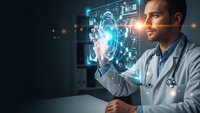 Male doctor interacting with futuristic holographic medical interface displaying digital health data and advanced healthcare technology in modern clinic.