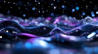 Abstract digital wave with glowing particles and bokeh lights in purple and blue colors for technology backgrounds and futuristic design projects.