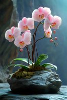 Pink orchid flowers blooming in stone pot with moss and green leaves on wooden surface with soft natural lighting for home decor and gardening concepts.