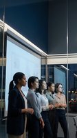 Diverse group of professional businesswomen standing together in modern office building looking forward with determination and confidence.
