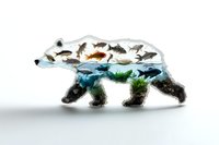 Double exposure silhouette of polar bear filled with underwater scene showing fish swimming in blue ocean waters against white background.