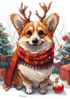 Festive corgi puppy wearing reindeer antlers and red scarf sits among Christmas decorations, presents and snow-covered pine trees in winter holiday scene.
