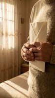 Elderly hands holding white envelope in warm sunlit room with cozy sweater for correspondence and communication concepts.