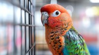 Red-headed conure parrot with vibrant emerald green feathers gazes through cage bars, displaying distinctive orange-red head plumage and curved beak in soft focus portrait.