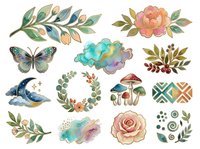 Watercolor botanical and nature elements including flowers, leaves, butterflies, mushrooms, and decorative patterns. Isolated clipart set ready for design projects, invitations, and craft applications.