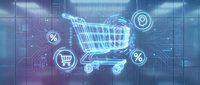 Digital shopping cart hologram with percentage symbols and icons on futuristic blue technology background for e-commerce and online retail concepts.