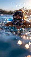 Young swimmer with diving mask emerging from water with dramatic splash and golden sunlight creating bokeh effects during summer vacation activity.