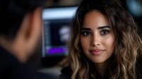 Young Hispanic businesswoman with wavy brown hair smiling confidently in modern office environment with colleague and computer screens in background.