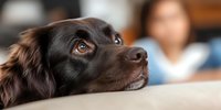 Close up portrait of brown-eyed chocolate Labrador Retriever resting head on couch, looking up with hopeful expression while owner sits in background.