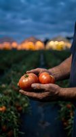 Farmer hands holding fresh ripe tomatoes at sunset in greenhouse agriculture field. Organic vegetable harvest concept for healthy food production.