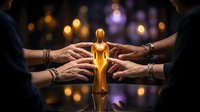 Multiple hands of diverse individuals surrounding a glowing golden statue figure against blurred bokeh lights, symbolizing unity, teamwork, and collective success for business and community concepts.