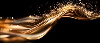 Luxurious golden liquid wave with sparkling droplets and light effects flowing dynamically against black background, creating elegant motion and shine for luxury designs.