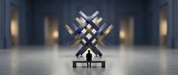 Silhouette of person standing before glowing geometric cross symbol in modern minimalist hall with warm lighting, representing spirituality, faith, leadership and contemporary architecture design.