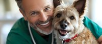 Smiling mature male veterinarian in green scrubs with stethoscope embracing happy mixed breed terrier dog during medical examination at veterinary clinic.