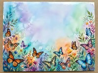 Watercolor spring garden border with colorful butterflies and wildflowers on soft pastel background for greeting cards and invitations.