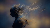 Abstract silhouette of woman with flowing hair dissolving into golden light streams against dramatic sky background for creative design projects.