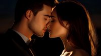 Romantic couple in elegant evening wear sharing intimate moment at sunset, backlit with golden rim lighting creating dramatic silhouette effect.