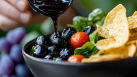 Dark syrup drizzling over fresh black olives, cherry tomatoes, and crispy tortilla chips garnished with basil leaves in ceramic bowl, appetizing Mediterranean snack.