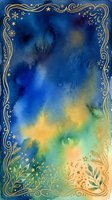 Watercolor night sky gradient transitioning from deep blue to golden yellow with decorative gold ornamental border, snowflakes, stars, and botanical foliage elements. Suitable for greeting cards, invitations, and seasonal designs.