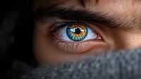 Close-up view of striking blue and amber colored human eye with detailed iris pattern and reflection, partially hidden behind gray woolen fabric.