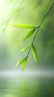 Fresh bamboo leaves on thin branch reflected in calm water surface against soft green bokeh background, zen garden atmosphere for wellness design.