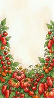 Tomato garden border frame with hand-drawn red and orange vegetables, green foliage, and flowers on cream background. Isolated design element for recipe cards, menus, labels, and culinary projects.