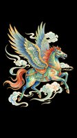Ornate winged horse soaring through clouds, detailed in vibrant teal, gold, and red tones. Isolated on transparent background, ready for stickers, sublimation, and t-shirt design.