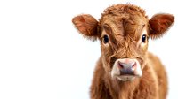 Young brown Limousin calf portrait with curious expression on white background, close up view of face with big eyes and wet nose, isolated for agricultural design.