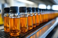 Row of amber glass vials with black caps containing liquid samples arranged on laboratory shelf for pharmaceutical research and chemical analysis testing.
