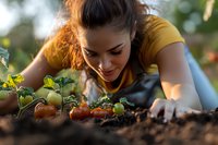 Young Hispanic woman in yellow t-shirt tending to organic tomato plants in garden during golden hour sunset, examining growing vegetables with care and attention.