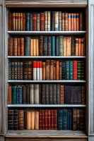 Vintage hardcover books arranged on wooden bookshelf, featuring various sizes and colors including red, blue, brown, and green spines, creating classic library atmosphere.
