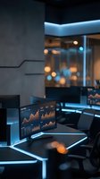 Futuristic dark trading office with glowing monitors displaying stock market charts and financial data, neon blue desk lighting.