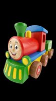 Colorful wooden toy train with a smiling face, isolated on transparent background, ready for stickers, clipart, print on demand, and t-shirt design use.