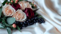 Romantic floral arrangement with burgundy and blush roses, dark berries and eucalyptus leaves on soft silk fabric, creating elegant wedding or celebration mood.