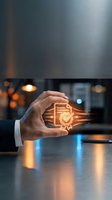 Businessman hand holding glowing digital document with checkmark icon representing data protection, quality assurance and business compliance solutions.