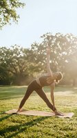 Young woman practicing triangle yoga pose on mat in sunny park during golden hour morning workout session for wellness and mindfulness.