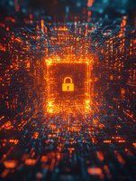 Glowing padlock symbol in digital tunnel with orange and blue light effects representing cybersecurity and data protection in virtual space.