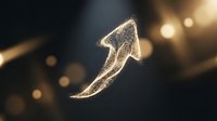 Golden sparkling arrow pointing upward with glowing particles and bokeh lights on dark background symbolizing growth, success and progress in business.
