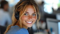 Young female professional with bright blue eyes and warm smile wearing headphones in modern office environment, natural lighting highlights casual business atmosphere.
