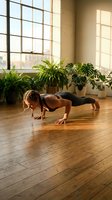 Woman with dreadlocks performing push-up exercise in bright loft studio with large windows, wooden floor, and potted plants for fitness, wellness, and workout content.