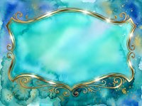 Ornate golden frame with turquoise watercolor background, featuring decorative scrollwork border. Isolated design element suitable for invitations, cards, posters, and digital projects.