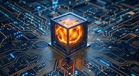 Glowing cube processor with orange core on futuristic circuit board representing quantum computing, artificial intelligence and advanced technology concepts.