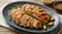 Sliced roasted duck breast with crispy skin served on gray plate with fresh rosemary, garlic cloves and sauce for fine dining and restaurant menus.